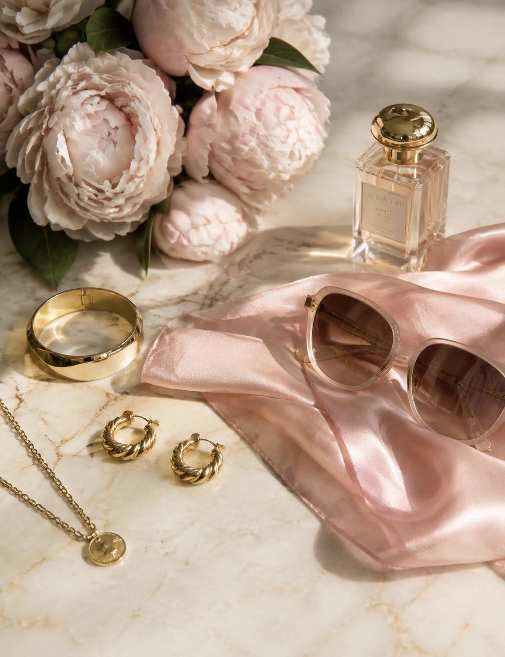 Silk scarf, gold jewelry and peonies